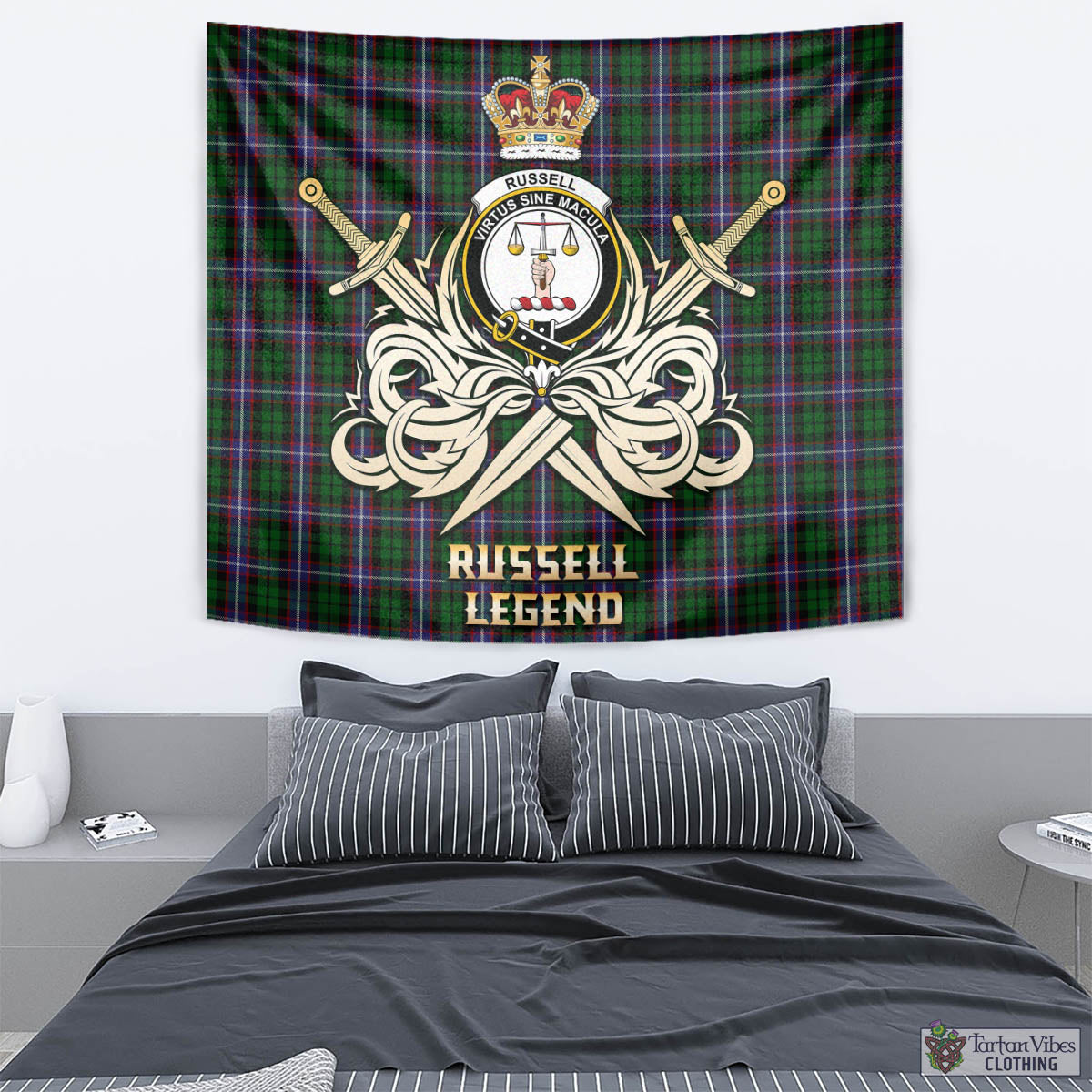 Tartan Vibes Clothing Russell Tartan Tapestry with Clan Crest and the Golden Sword of Courageous Legacy
