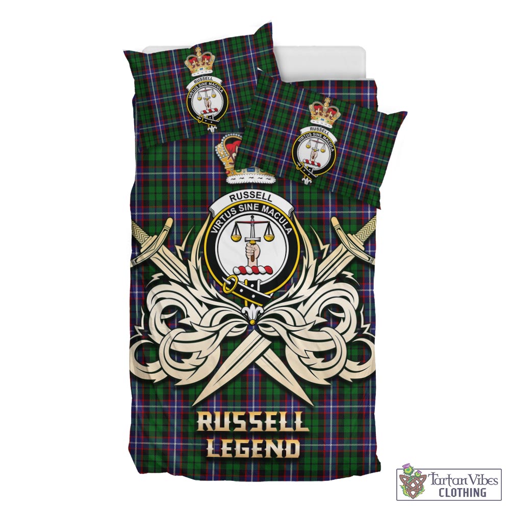 Tartan Vibes Clothing Russell Tartan Bedding Set with Clan Crest and the Golden Sword of Courageous Legacy