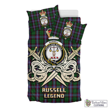 Tartan Vibes Clothing Russell Tartan Bedding Set with Clan Crest and the Golden Sword of Courageous Legacy