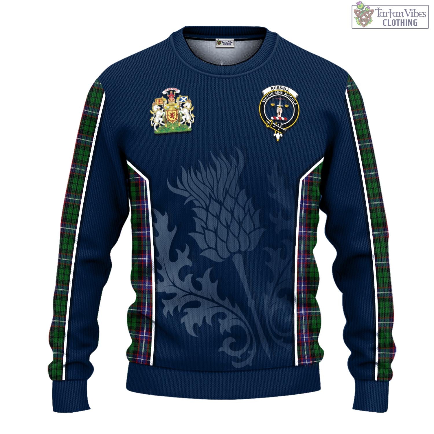 Russell Tartan Knitted Sweatshirt with Family Crest and Scottish Thistle Vibes Sport Style - Tartan Vibes Clothing
