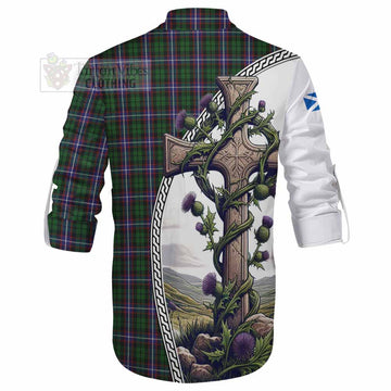 Russell Tartan Ghillie Kilt Shirt with Family Crest and St. Andrew's Cross Accented by Thistle Vines - Tartan Vibes Clothing
