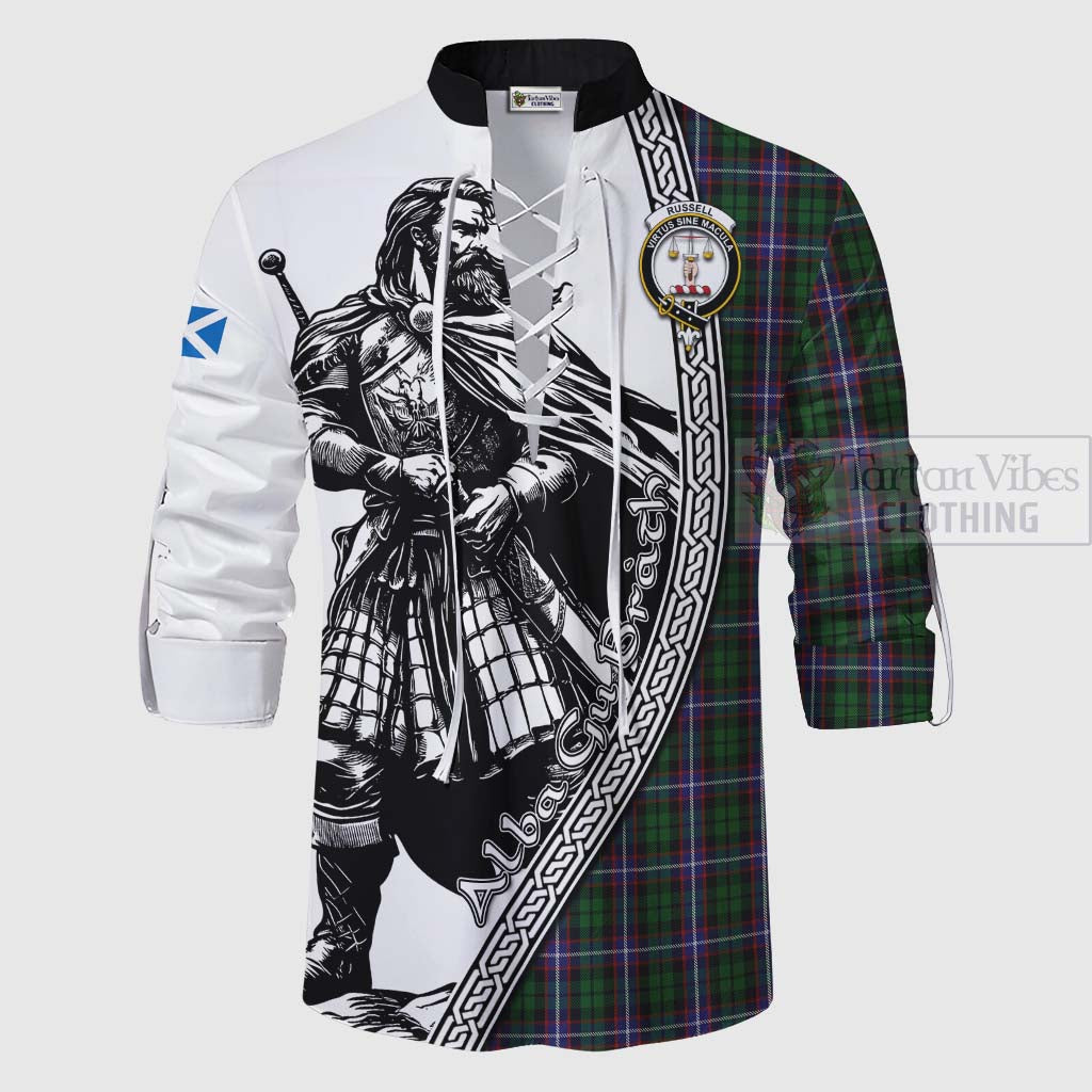 Russell Tartan Clan Crest Ghillie Kilt Shirt with Highlander Warrior Celtic Style - Tartan Vibes Clothing