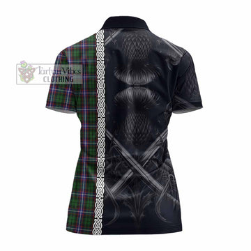 Russell Tartan Women's Polo Shirt with Family Crest Cross Sword Thistle Celtic Vibes - Tartan Vibes Clothing