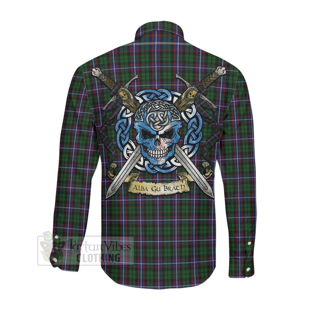 Russell Tartan Long Sleeve Button Shirt with Family Crest Celtic Skull Style Men's Shirt - Tartan Vibes Clothing