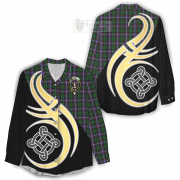 Russell Tartan Women's Casual Shirt with Family Crest and Celtic Symbol Style - Tartan Vibes Clothing