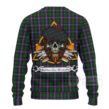 Russell Tartan Ugly Sweater with Family Crest and Bearded Skull Holding Bottles of Whiskey - Tartan Vibes Clothing