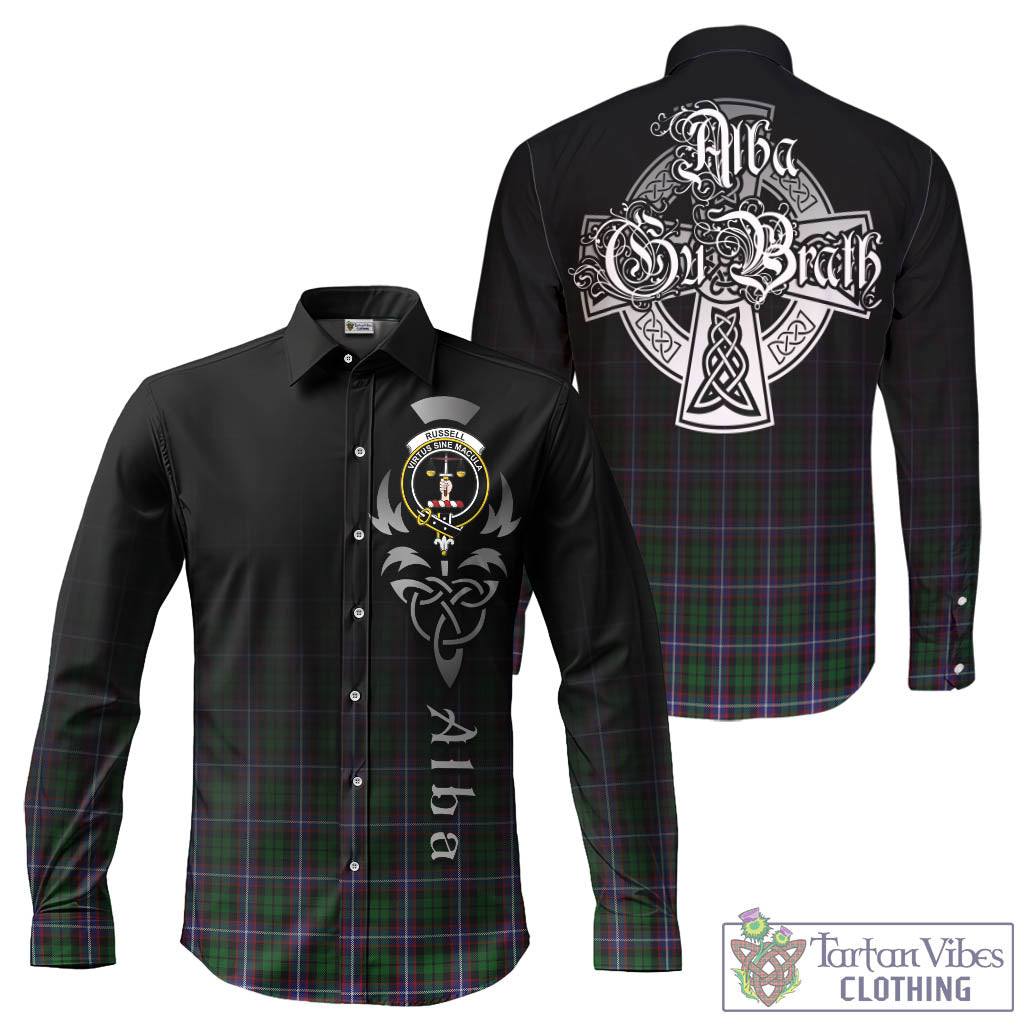 Russell Tartan Long Sleeve Button Up Featuring Alba Gu Brath Family Crest Celtic Inspired - Tartan Vibes Clothing