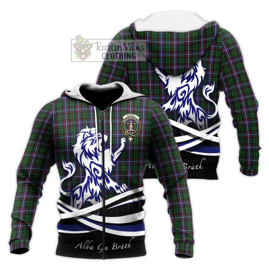 Russell Tartan Knitted Hoodie with Alba Gu Brath Regal Lion Emblem Unisex Knitted Zip Hoodie - Tartan Vibes Clothing