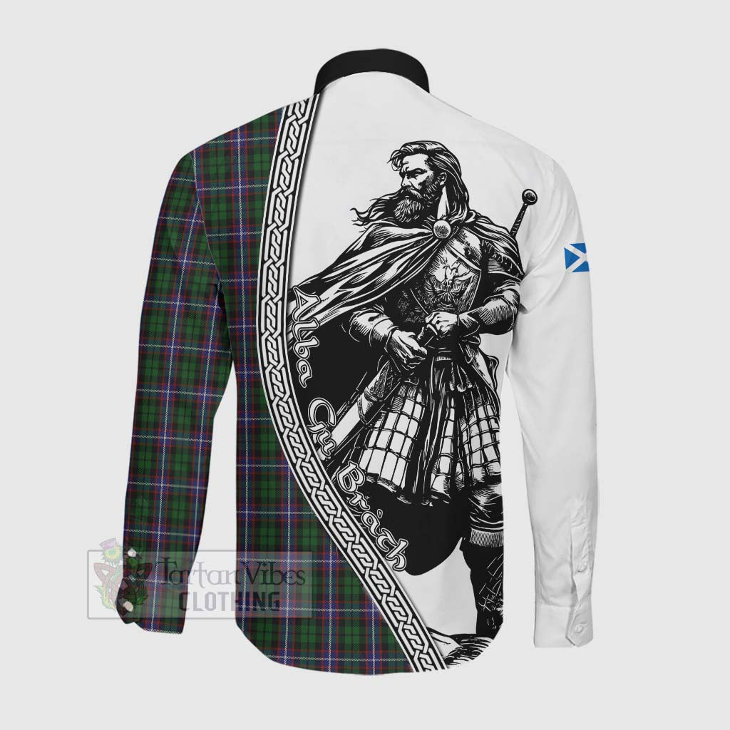 Russell Tartan Clan Crest Long Sleeve Button Shirt with Highlander Warrior Celtic Style Men's Shirt - Tartan Vibes Clothing