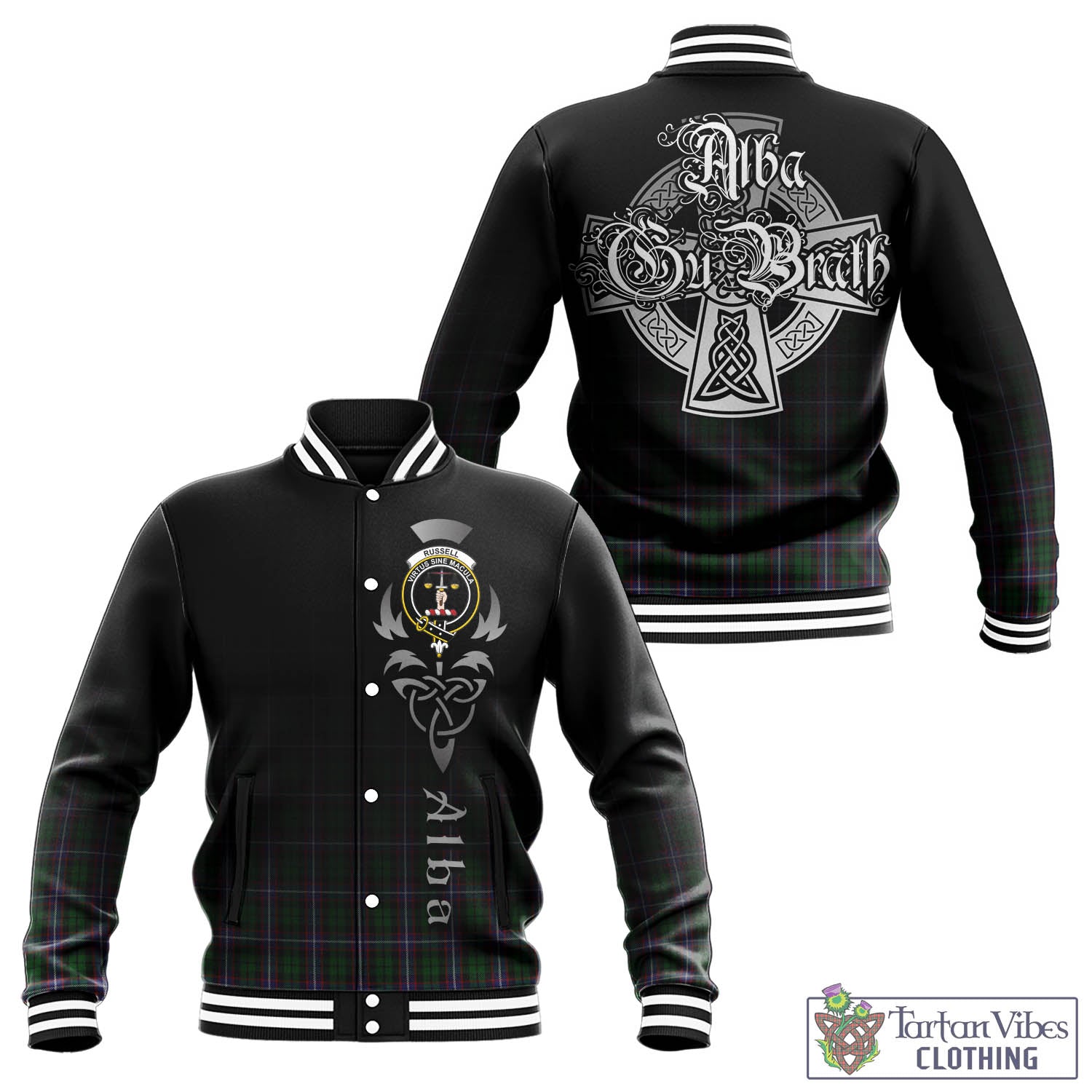 Russell Tartan Baseball Jacket Featuring Alba Gu Brath Family Crest Celtic Inspired - Tartan Vibes Clothing
