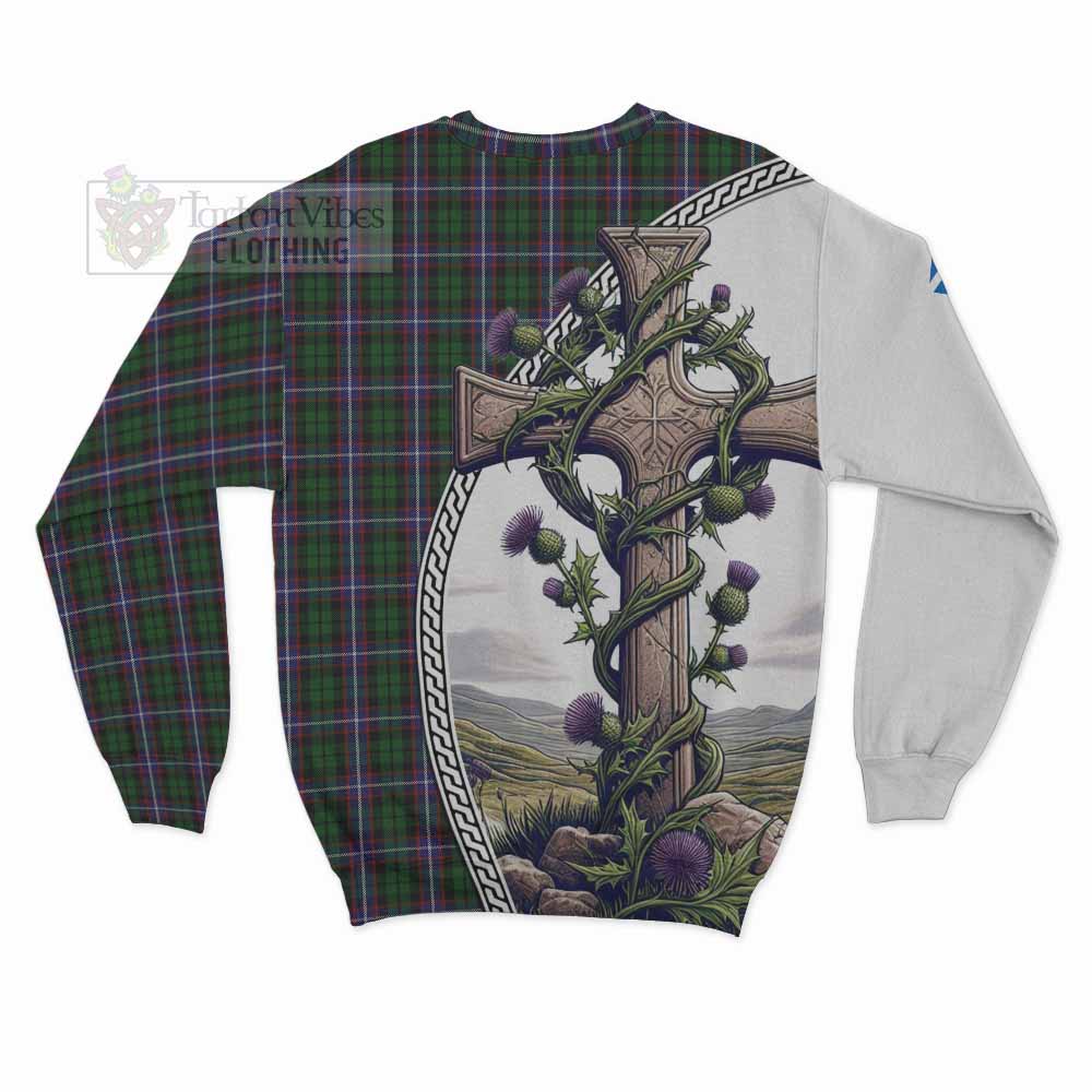 Russell Tartan Sweatshirt with Family Crest and St. Andrew's Cross Accented by Thistle Vines - Tartan Vibes Clothing