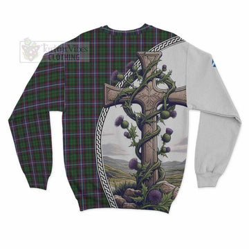 Russell Tartan Sweatshirt with Family Crest and St. Andrew's Cross Accented by Thistle Vines - Tartan Vibes Clothing