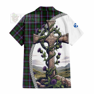 Russell Tartan Hawaiian Shirt with Family Crest and St. Andrew's Cross Accented by Thistle Vines - Tartan Vibes Clothing