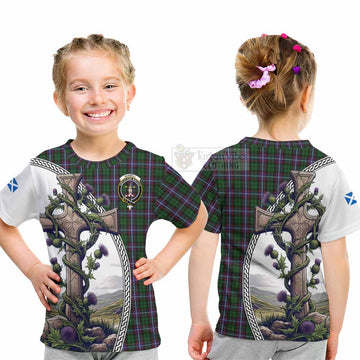 Russell Tartan Kid T-Shirt with Family Crest and St. Andrew's Cross Accented by Thistle Vines - Tartan Vibes Clothing