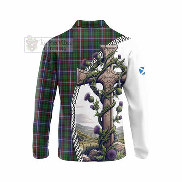 Russell Tartan Long Sleeve Polo Shirt with Family Crest and St. Andrew's Cross Accented by Thistle Vines - Tartan Vibes Clothing