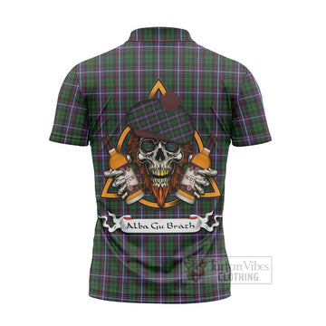 Russell Tartan Zipper Polo Shirt with Family Crest and Bearded Skull Holding Bottles of Whiskey - Tartan Vibes Clothing