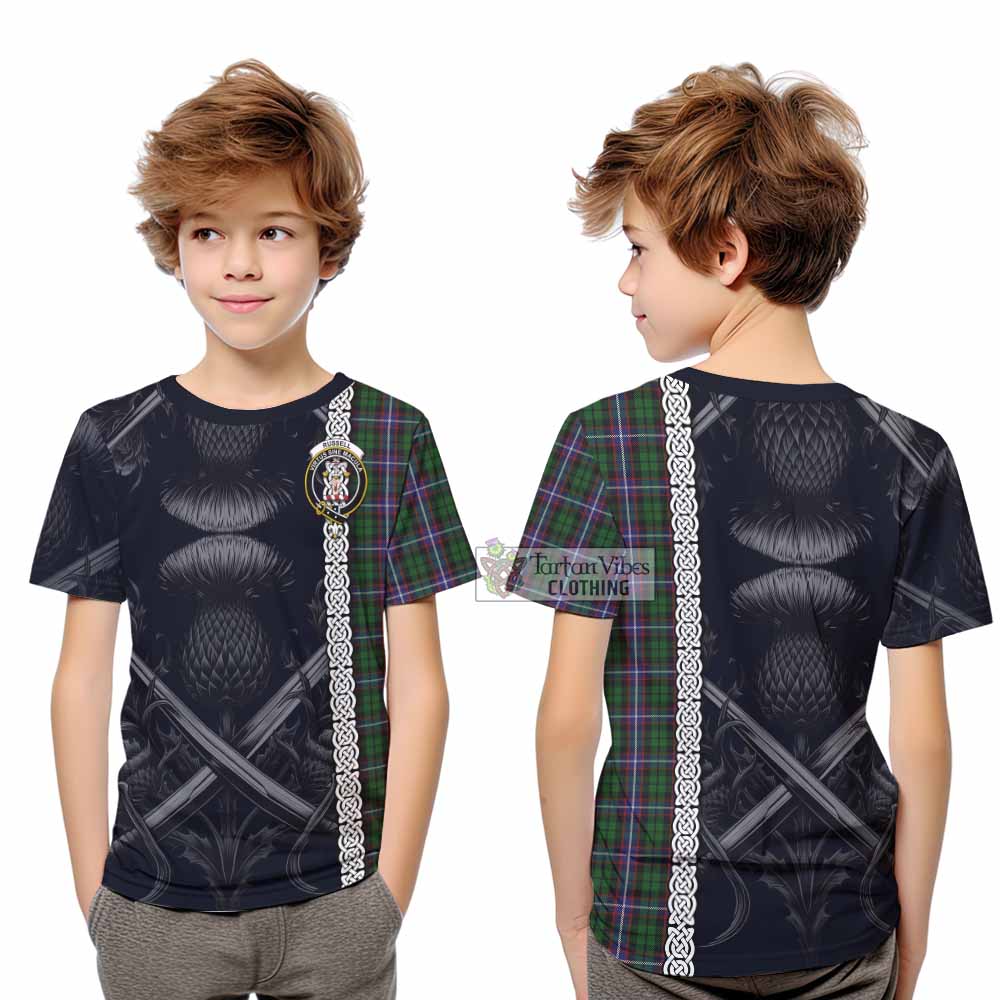 Russell Tartan Kid T-Shirt with Family Crest Cross Sword Thistle Celtic Vibes - Tartan Vibes Clothing