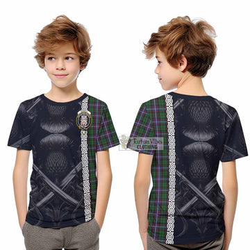 Russell Tartan Kid T-Shirt with Family Crest Cross Sword Thistle Celtic Vibes - Tartan Vibes Clothing