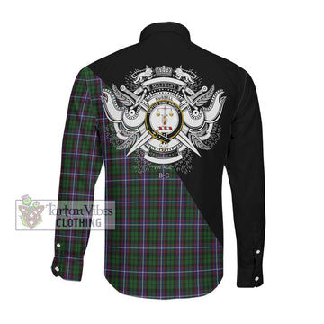 Russell Tartan Long Sleeve Button Shirt with Family Crest and Military Logo Style Men's Shirt - Tartanvibesclothing Shop