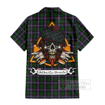 Russell Tartan Hawaiian Shirt with Family Crest and Bearded Skull Holding Bottles of Whiskey - Tartan Vibes Clothing