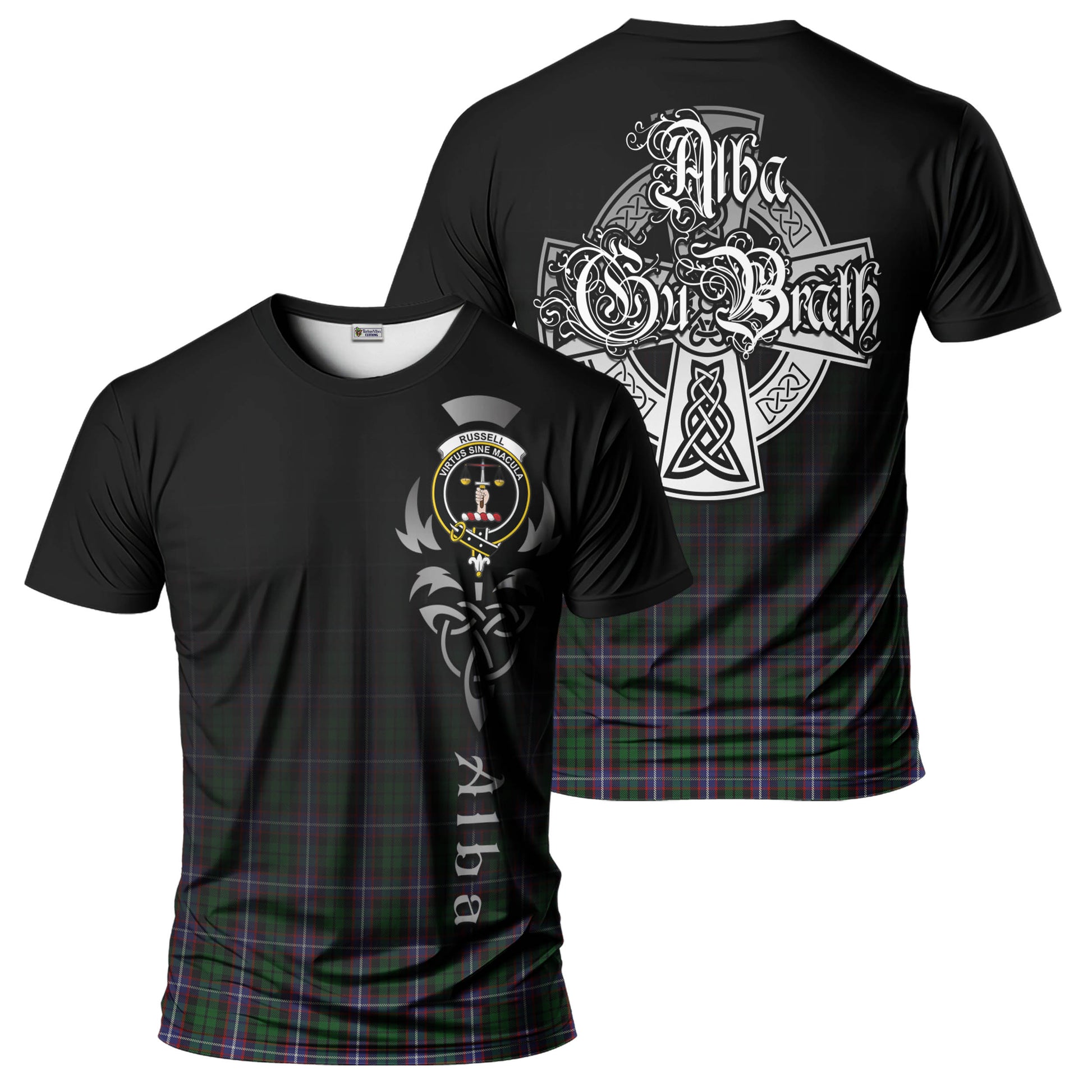 Russell Tartan T-Shirt Featuring Alba Gu Brath Family Crest Celtic Inspired - Tartan Vibes Clothing