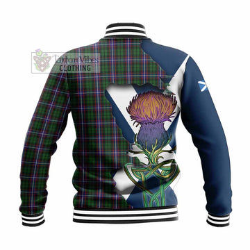 Tartan Vibes Clothing Russell Tartan Family Crest Baseball Jacket Scottish Thistle Celtic Inspired