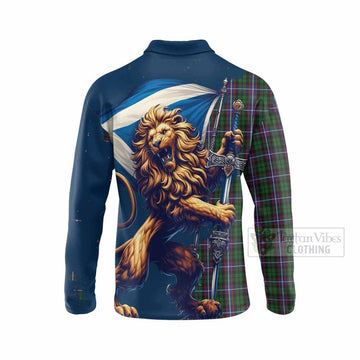 Russell Tartan Family Crest Long Sleeve Polo Shirt with Scottish Majestic Lion - Tartan Vibes Clothing