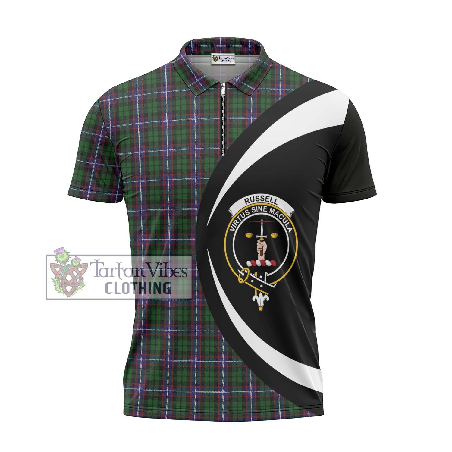 Russell Tartan Zipper Polo Shirt with Family Crest Circle Style - Tartan Vibes Clothing