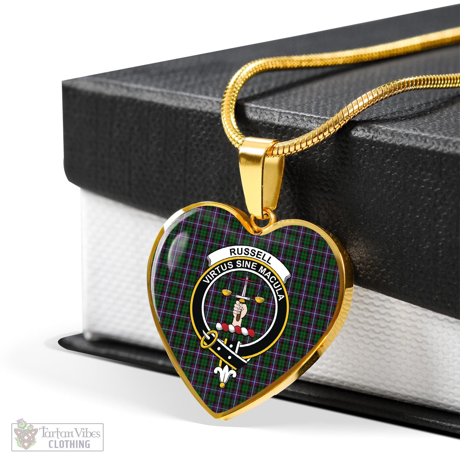 Russell Tartan Heart Necklace with Family Crest - Tartan Vibes Clothing