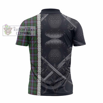 Russell Tartan Zipper Polo Shirt with Family Crest Cross Sword Thistle Celtic Vibes - Tartan Vibes Clothing