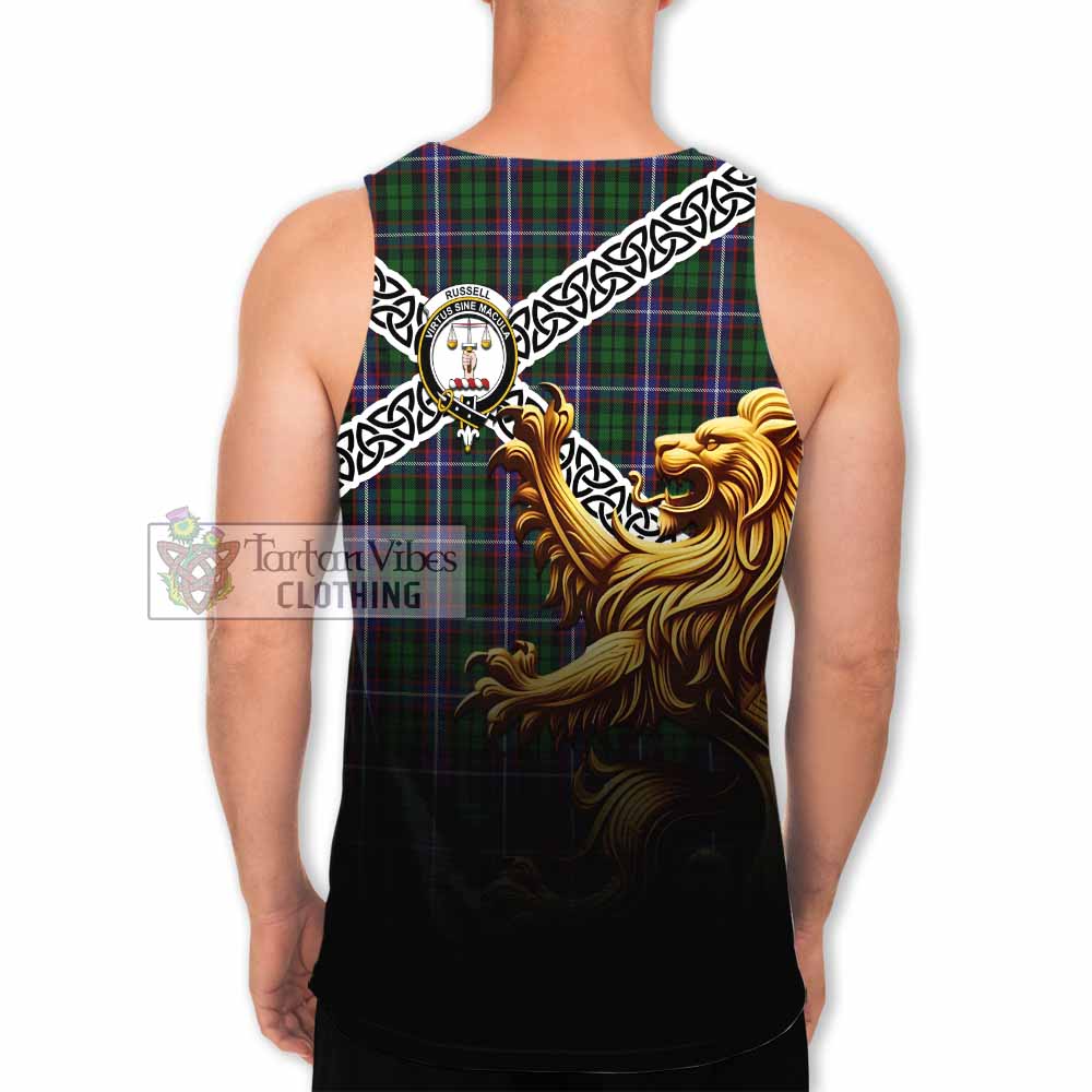 Russell Crest Tartan Men's Tank Top with Golden Lion Emblem Celtic Style - Tartan Vibes Clothing