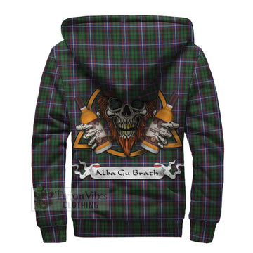 Tartan Vibes Clothing Russell Tartan Sherpa Hoodie with Family Crest and Bearded Skull Holding Bottles of Whiskey