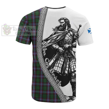 Russell Tartan Clan Crest Cotton T-shirt with Highlander Warrior Celtic Style - Tartan Vibes Clothing