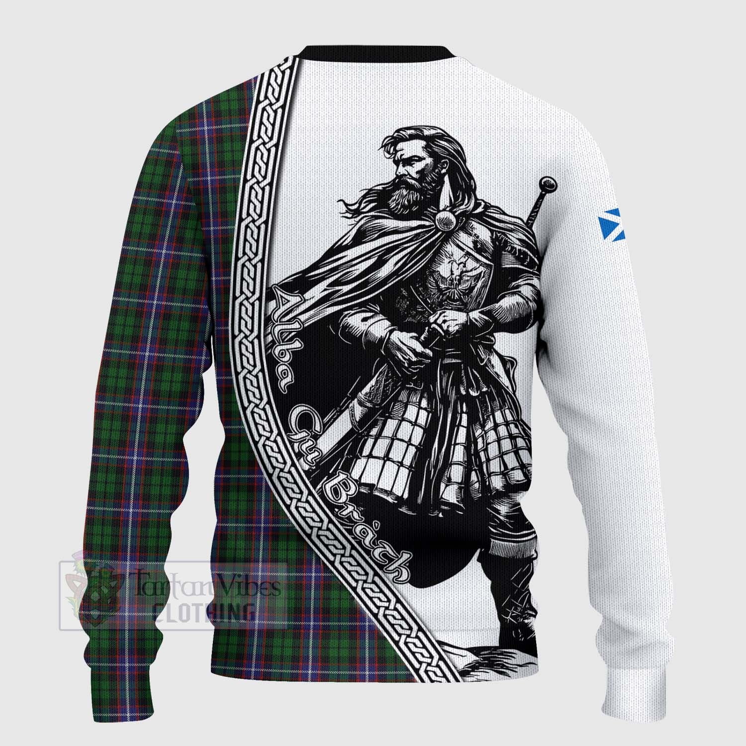 Russell Tartan Clan Crest Knitted Sweater with Highlander Warrior Celtic Style - Tartan Vibes Clothing