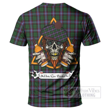 Russell Tartan T-Shirt with Family Crest and Bearded Skull Holding Bottles of Whiskey - Tartan Vibes Clothing