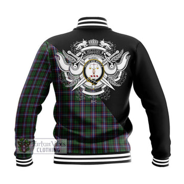 Russell Tartan Baseball Jacket with Family Crest and Military Logo Style - Tartan Vibes Clothing