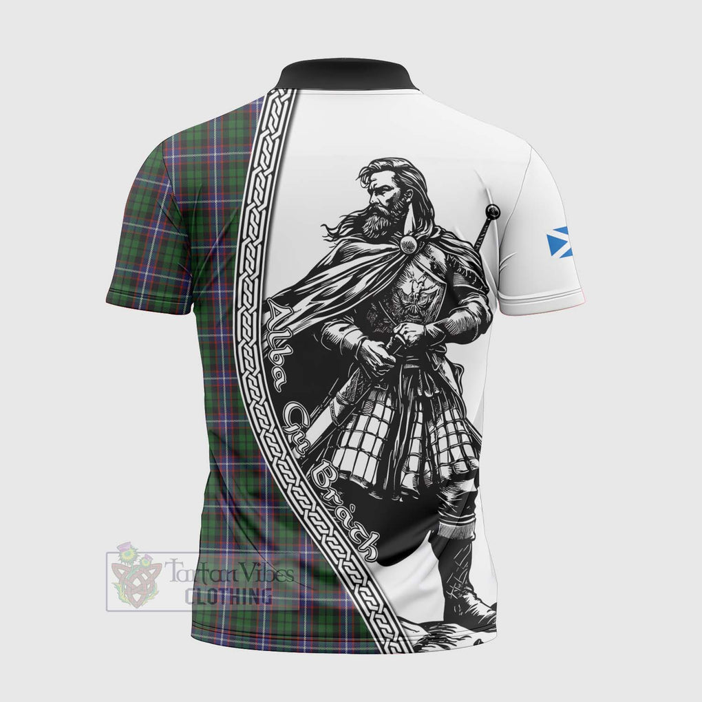 Russell Tartan Clan Crest Zipper Polo Shirt with Highlander Warrior Celtic Style - Tartan Vibes Clothing