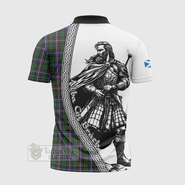 Russell Tartan Clan Crest Zipper Polo Shirt with Highlander Warrior Celtic Style - Tartan Vibes Clothing