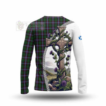 Russell Tartan Long Sleeve T-Shirt with Family Crest and St. Andrew's Cross Accented by Thistle Vines - Tartan Vibes Clothing