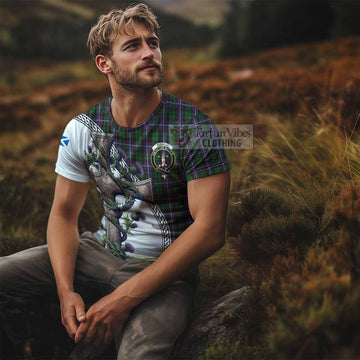 Russell Tartan T-Shirt with Family Crest and St. Andrew's Cross Accented by Thistle Vines - Tartan Vibes Clothing