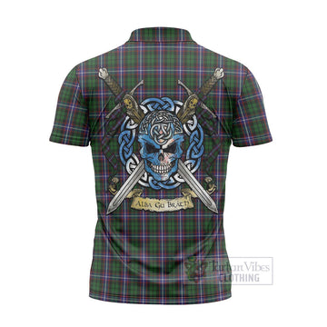Russell Tartan Zipper Polo Shirt with Family Crest Celtic Skull Style - Tartan Vibes Clothing