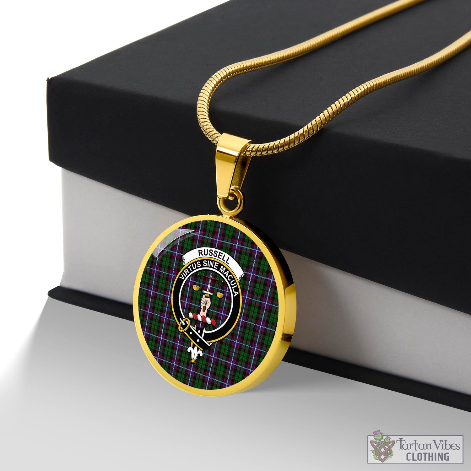 Russell Tartan Circle Necklace with Family Crest Luxury Necklace (Gold) No - Tartan Vibes Clothing