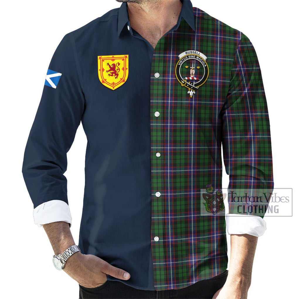 Russell Tartan Long Sleeve Button Shirt Alba with Scottish Lion Royal Arm Half Style Men's Shirt - Tartan Vibes Clothing