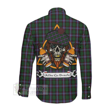 Russell Tartan Long Sleeve Button Shirt with Family Crest and Bearded Skull Holding Bottles of Whiskey Men's Shirt - Tartan Vibes Clothing