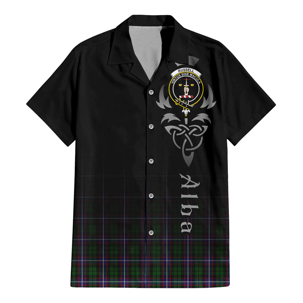 Russell Tartan Hawaiian Shirt Shirt Featuring Alba Gu Brath Family Crest Celtic Inspired - Tartan Vibes Clothing