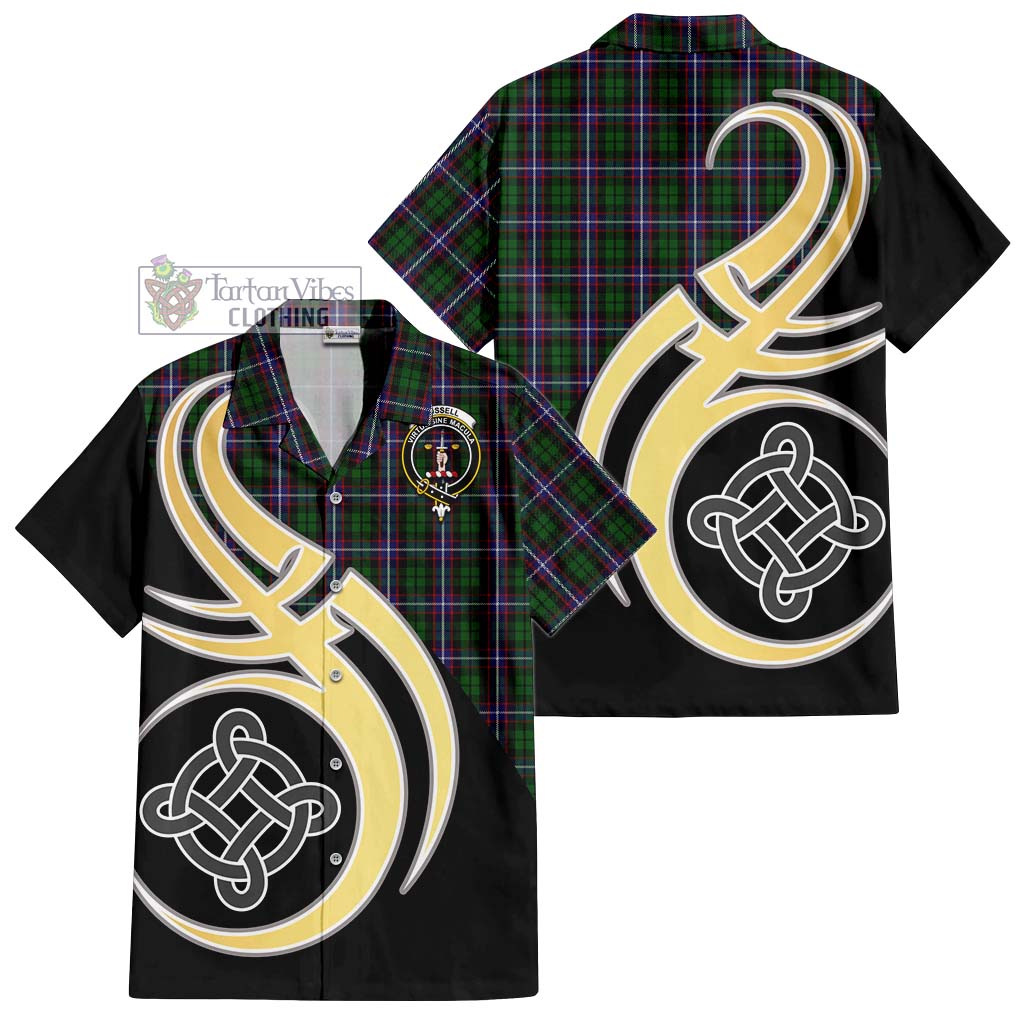 Russell Tartan Hawaiian Shirt with Family Crest and Celtic Symbol Style - Tartan Vibes Clothing
