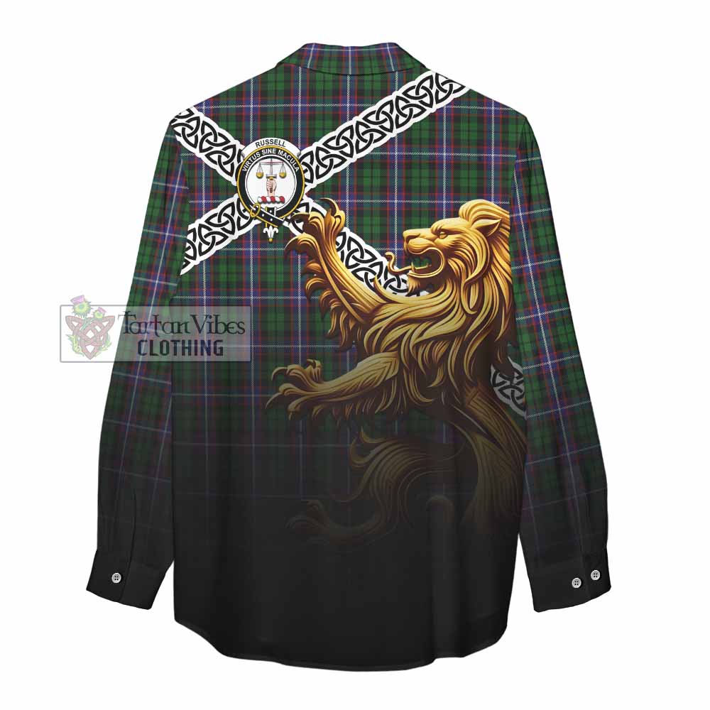 Russell Crest Tartan Women's Casual Shirt with Golden Lion Emblem Celtic Style - Tartan Vibes Clothing