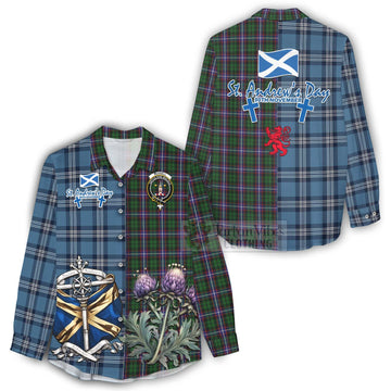 Russell Tartan Women's Casual Shirt Happy St. Andrew's Day Half Tartan Style - Tartan Vibes Clothing