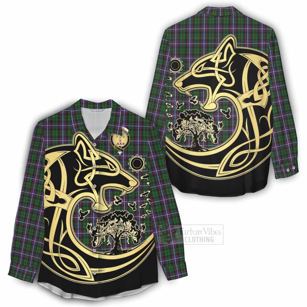 Russell Tartan Women's Casual Shirt with Family Crest Celtic Wolf Style - Tartan Vibes Clothing