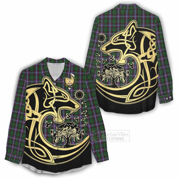 Russell Tartan Women's Casual Shirt with Family Crest Celtic Wolf Style - Tartan Vibes Clothing